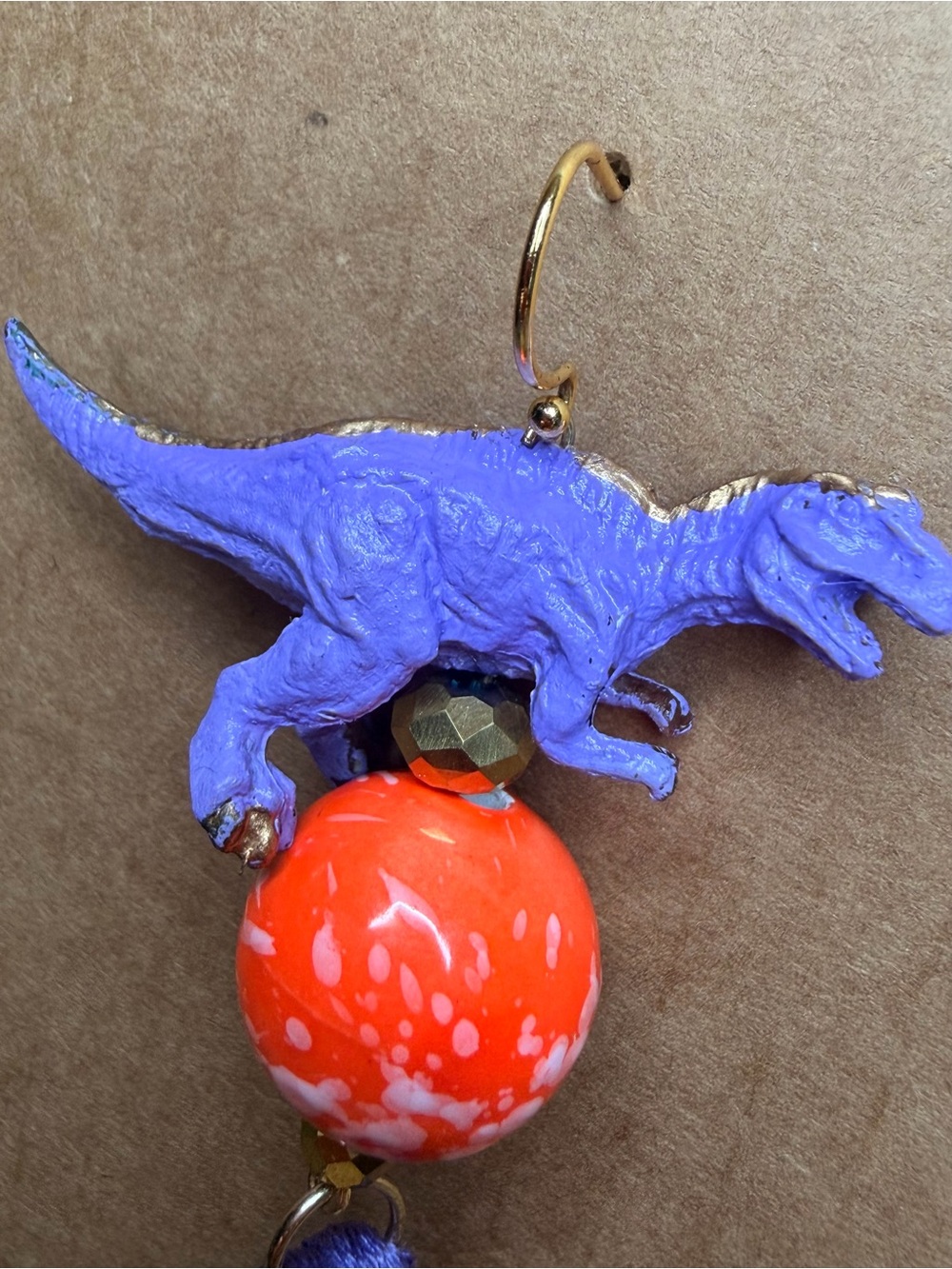 Playful Purple Tyrannosaurus Dinosaur Tassel Earrings with Orange Beads - Picture 4 of 5
